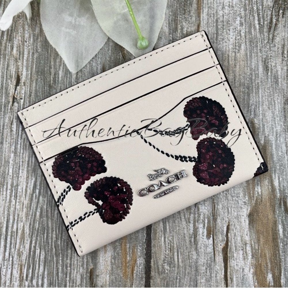 Coach Slim Id Card Case With Black Cherry Glittter Print Bag Wallet Purse